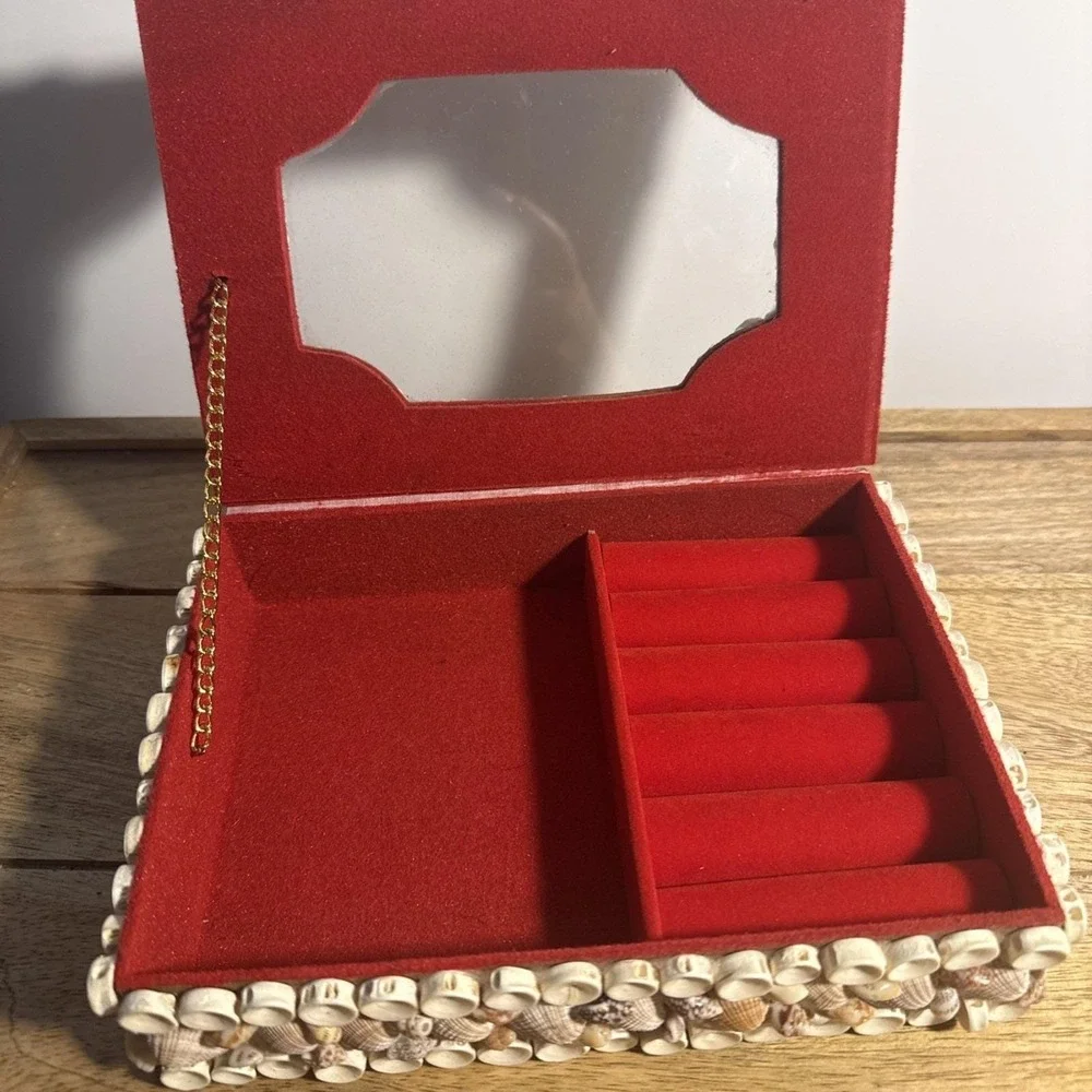Vintage Seashell Jewelry Box Red Velvet Ring Roll Mid Century Coastal 8x6